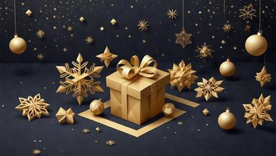 The primary subject of the image is a gold box with a bow on top, placed on a black background. The box is decorated with snowflakes, giving it a festive and wintery appearance. The visual style of the image is a combination of digital art and illustration, creating a unique and eye-catching design. The colors and mood of the image are predominantly gold and black, with the gold box and snowflakes adding a touch of warmth and elegance to the overall atmosphere.